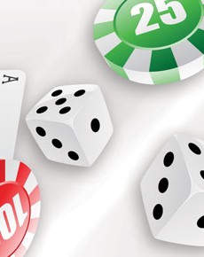 roll dices floating with cards and poker chips