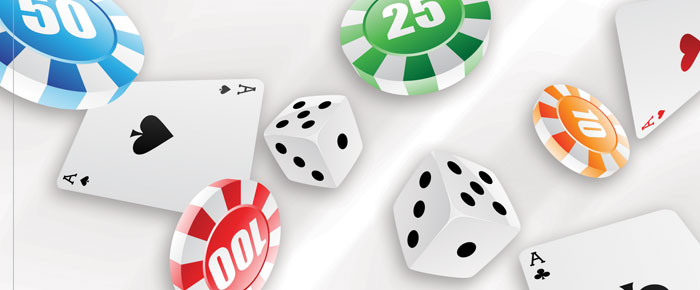 roll dices floating with cards and poker chips